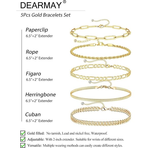 DEARMAY 14K Gold Plated Waterproof Bracelets for Women Dainty Stackable Set - Picture 3 of 8